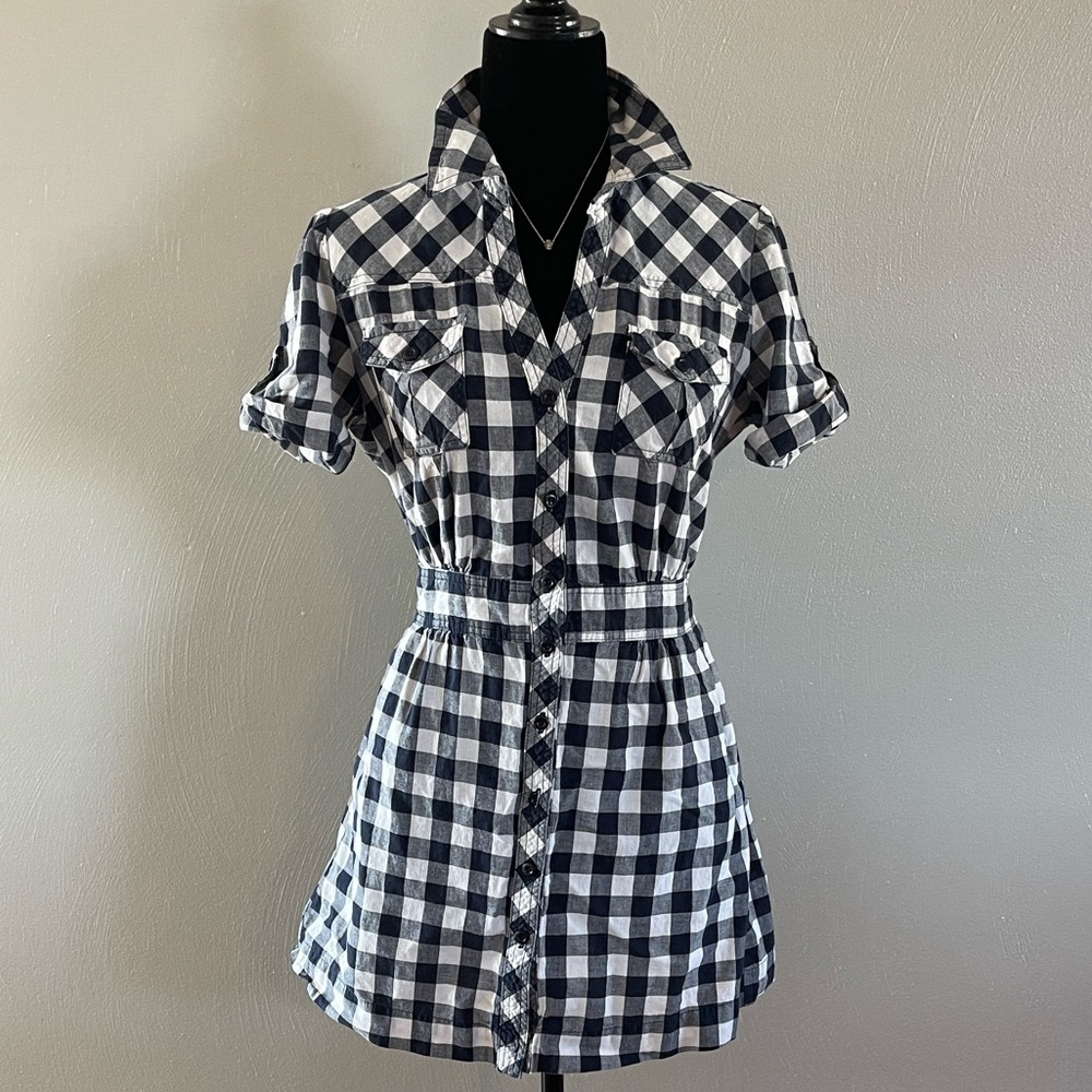 Vintage Navy White Gingham Check Button Front Shirt Dress Belted Mini Sz M